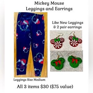 Women’s Disney Black Christmas Leggings and 2 pair Mickey Head Earrings